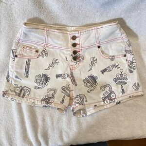 Rare Graphic Art Sneakymob Skwak & Tye Chen Button Fly White Robot Print Shorts